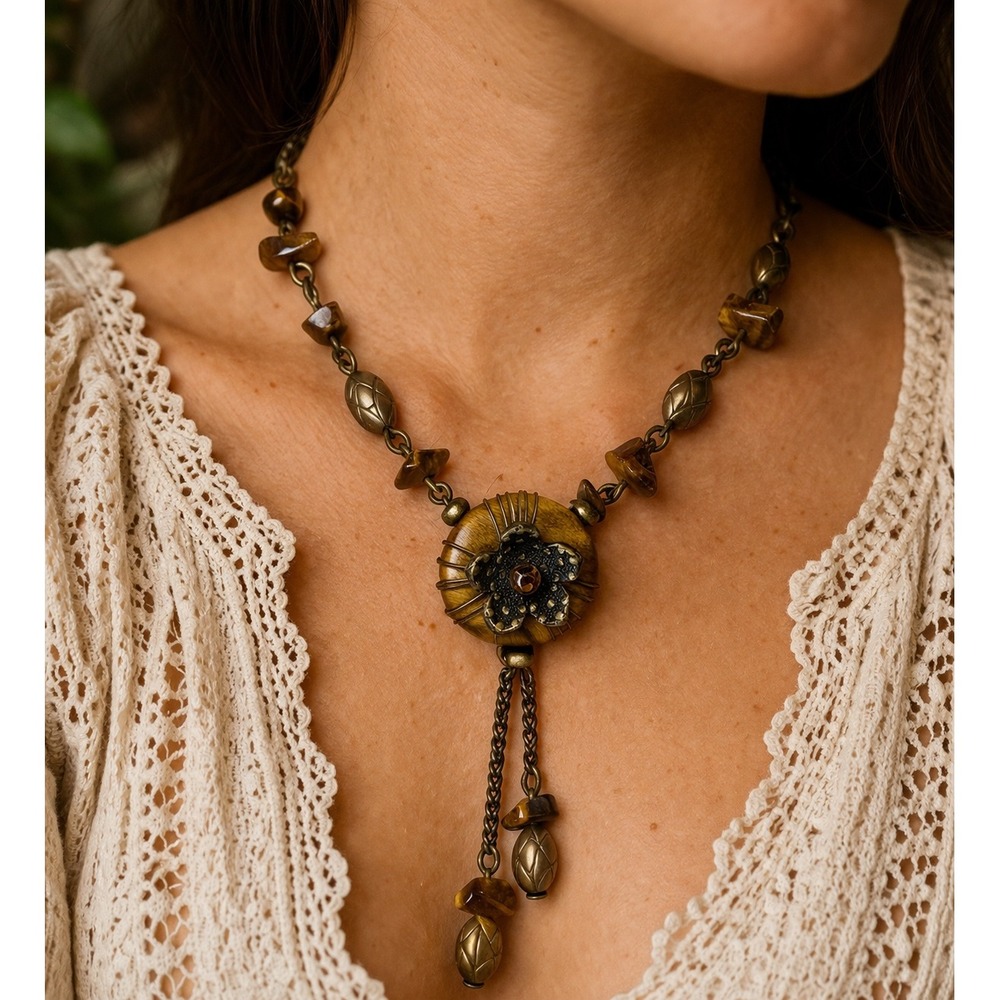 Necklace Vintage Tiger Eye Gold Tone Floral Pendant Drop Boho Artisan Statement